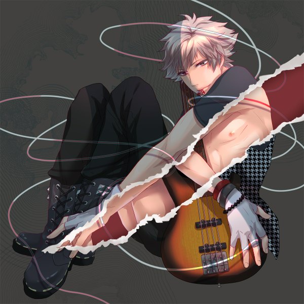Anime picture 1200x1200 with uta no prince-sama a-1 pictures kurosaki ranmaru moge-hera single looking at viewer short hair light erotic simple background sitting holding silver hair grey background heterochromia mouth hold boy gloves boots bracelet fingerless gloves