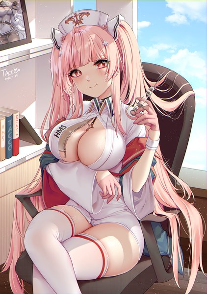 Anime picture 1000x1421 with azur lane perseus (azur lane) perseus (nursery service time) (azur lane) gangut (azur lane) tacco (tikeworld) single long hair tall image looking at viewer blush fringe breasts light erotic smile large breasts sitting twintails holding signed payot