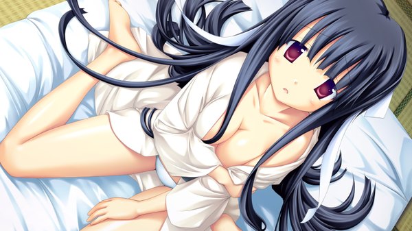 Anime picture 1600x900 with volume7 rococoworks kikushita kotora fue (tsuzuku) single long hair looking at viewer breasts light erotic black hair red eyes wide image sitting from above wariza girl underwear panties futon