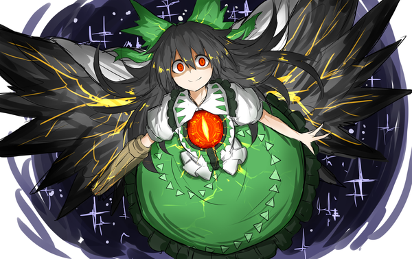 Anime picture 2373x1497 with touhou reiuji utsuho kankan33333 single long hair looking at viewer fringe highres smile hair between eyes red eyes sparkle short sleeves puffy sleeves glowing shaded face flying black wings arm cannon crazy eyes
