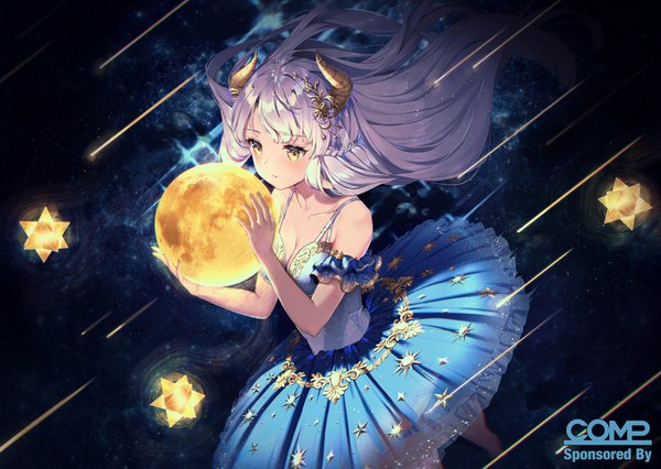 Anime picture 1500x1066 with original rosuuri single long hair blush fringe breasts bare shoulders holding yellow eyes looking away cleavage silver hair parted lips horn (horns) floating hair shooting star meteor rain girl hair ornament