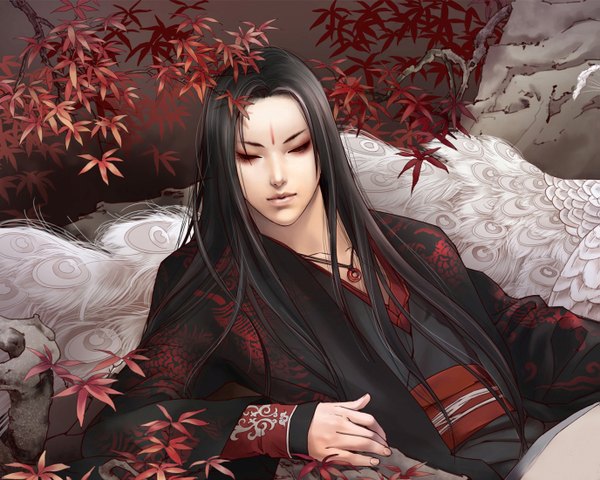 Anime picture 1375x1100 with original zhang xiao bai single long hair black hair eyes closed traditional clothes realistic reclining eyeshadow face paint boy pendant leaf (leaves) branch