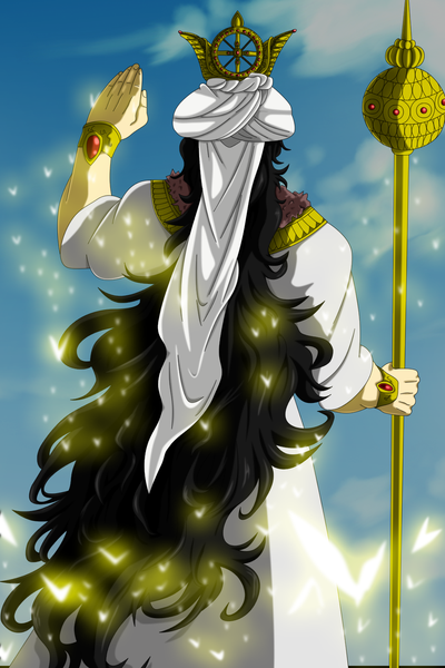 Anime picture 1000x1499 with magi the labyrinth of magic a-1 pictures solomon (magi) flowerinhell single long hair tall image black hair sky cloud (clouds) from behind back glow boy bracelet headdress jewelry necklace staff crown