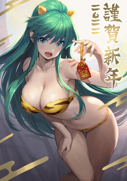 Anime picture 827x1170 with urusei yatsura lum m2 (guvn5745) single long hair tall image looking at viewer fringe breasts open mouth blue eyes light erotic hair between eyes large breasts :d horn (horns) green hair fang (fangs) eyeshadow new year