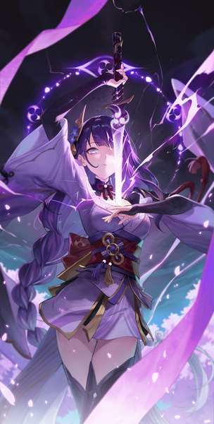 Anime picture 1400x2760 with genshin impact raiden shogun masa ashe single tall image looking at viewer fringe standing purple eyes holding purple hair outdoors blunt bangs braid (braids) very long hair traditional clothes japanese clothes arm up hair flower wind
