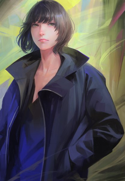 Anime picture 1334x1920 with original arata yokoyama single tall image looking at viewer fringe short hair black hair green eyes upper body lips blurry realistic open jacket hand in pocket girl plant (plants) tree (trees) jacket