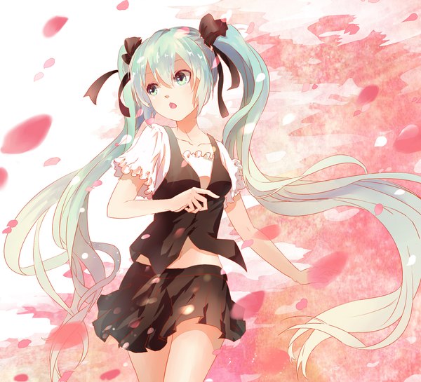 Anime picture 2200x2000 with vocaloid hatsune miku lan jue single highres open mouth twintails green eyes looking away very long hair pleated skirt green hair girl skirt navel ribbon (ribbons) hair ribbon petals white shirt vest