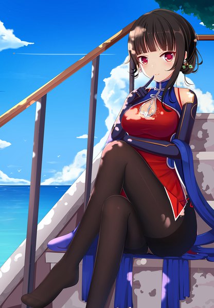 Anime picture 1332x1920 with warship girls r yat sen (warship girls r) muq single tall image looking at viewer blush fringe short hair breasts light erotic black hair smile red eyes large breasts sitting payot sky cleavage cloud (clouds)