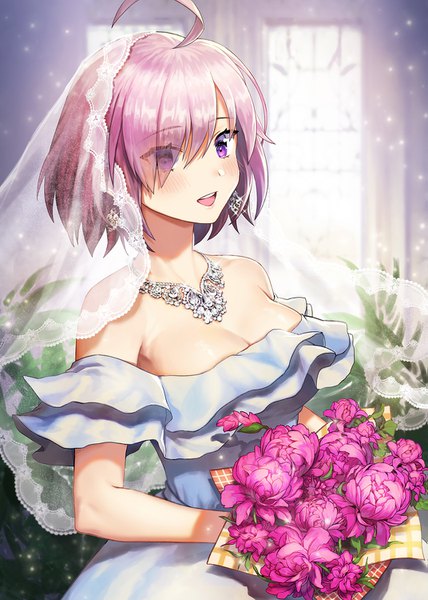 Anime picture 1071x1500 with fate (series) fate/grand order mash kyrielight noixen single tall image looking at viewer blush fringe short hair breasts open mouth light erotic smile standing purple eyes bare shoulders holding pink hair cleavage