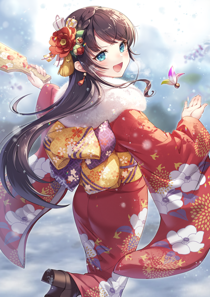 Anime picture 1765x2497 with original gomashio ponz single long hair tall image blush highres open mouth blue eyes black hair traditional clothes :d japanese clothes from above from behind new year girl hair ornament earrings kimono