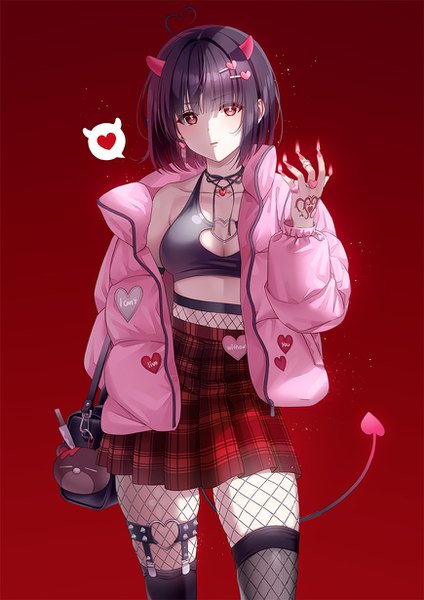 Anime picture 870x1230 with original unjem single tall image looking at viewer blush fringe short hair breasts light erotic simple background red eyes standing cleavage purple hair ahoge tail blunt bangs nail polish pleated skirt