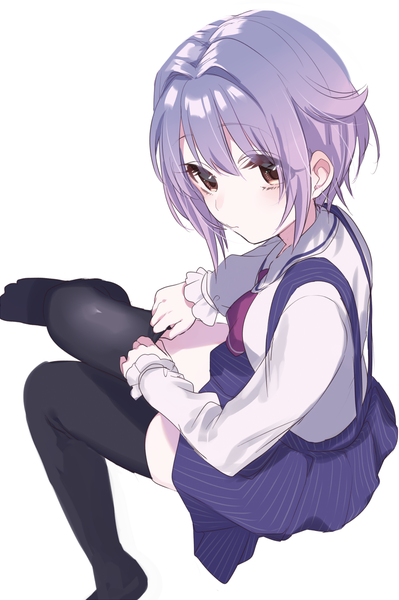 Anime picture 799x1200 with idolmaster idolmaster cinderella girls koshimizu sachiko sinsihukunokonaka single tall image looking at viewer fringe short hair simple background hair between eyes white background sitting brown eyes purple hair from above dressing self-proclaimed sweet heroine girl thighhighs