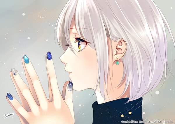Anime picture 6071x4299 with original uooper single blush fringe highres short hair simple background hair between eyes signed yellow eyes looking away absurdres silver hair nail polish profile fingernails face hands clasped multicolored eyes