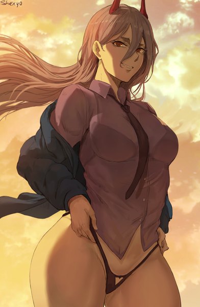 Anime picture 2285x3500 with chainsaw man mappa power (chainsaw man) shexyo single long hair tall image looking at viewer fringe highres breasts light erotic smile hair between eyes red eyes brown hair standing signed sky cloud (clouds)