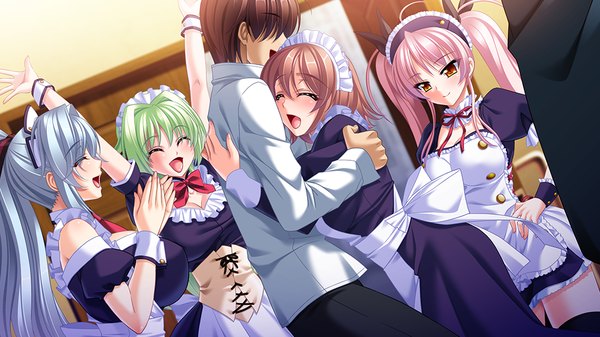Anime picture 1024x576 with silicon magic mu (silicon magic) theta (silicon magic) iruma sumire (silicon magic) phi (silicon magic) long hair blush short hair open mouth brown hair wide image multiple girls pink hair game cg silver hair eyes closed green hair maid orange eyes girl