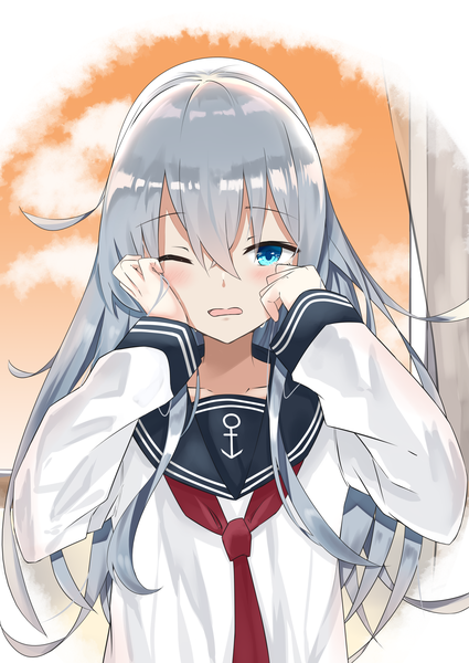 Anime picture 2508x3541 with kantai collection hibiki destroyer evening rabbit single long hair tall image looking at viewer blush fringe highres open mouth blue eyes hair between eyes silver hair upper body one eye closed crying girl uniform serafuku
