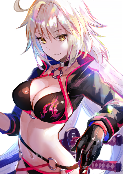 Anime picture 779x1100 with fate (series) fate/grand order jeanne d'arc (fate) (all) jeanne d'arc alter (fate) jeanne d'arc alter (swimsuit berserker) (fate) fuzichoco single long hair tall image fringe breasts light erotic simple background smile hair between eyes large breasts standing white background yellow eyes payot
