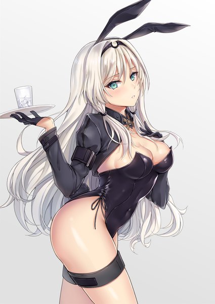 Anime picture 1200x1694 with girls frontline an-94 (girls frontline) yuemanhuaikong single long hair tall image looking at viewer blush fringe breasts light erotic simple background hair between eyes standing animal ears payot cleavage silver hair aqua eyes bunny ears