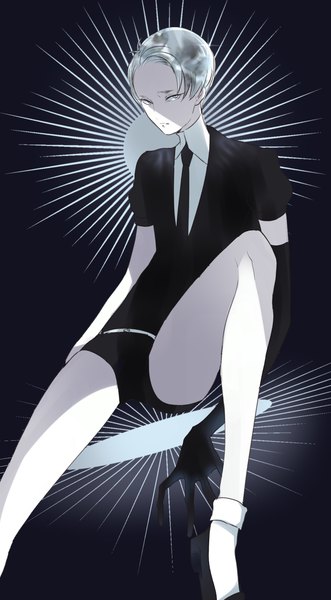 Anime picture 1240x2248 with houseki no kuni cairngorm (houseki no kuni) kayanogura single tall image looking at viewer short hair sitting silver hair puffy sleeves black background shaded face silver eyes androgynous uniform socks necktie white socks single glove single elbow glove