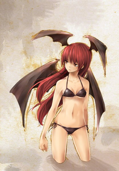 Anime picture 1254x1801 with touhou koakuma rojiko single long hair tall image light erotic red eyes red hair girl swimsuit bikini wings black bikini