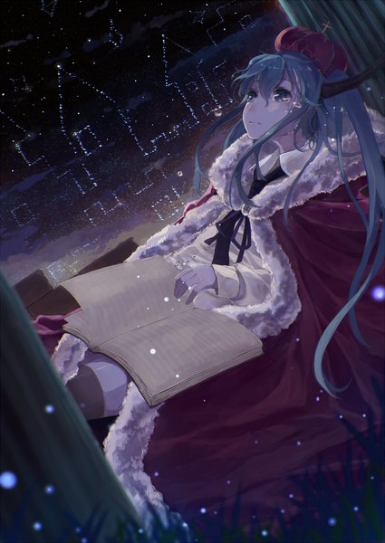 Anime picture 708x1000 with vocaloid hatsune miku bou shaku single long hair tall image blush sitting twintails horn (horns) aqua eyes aqua hair night tears looking up girl thighhighs black thighhighs insect star (stars)