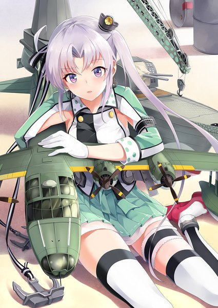 Anime picture 920x1300 with kantai collection akitsushima seaplane tender nishikitaitei-chan neko (yanshoujie) single long hair tall image looking at viewer blush fringe open mouth sitting purple eyes payot silver hair ahoge pleated skirt side ponytail girl thighhighs