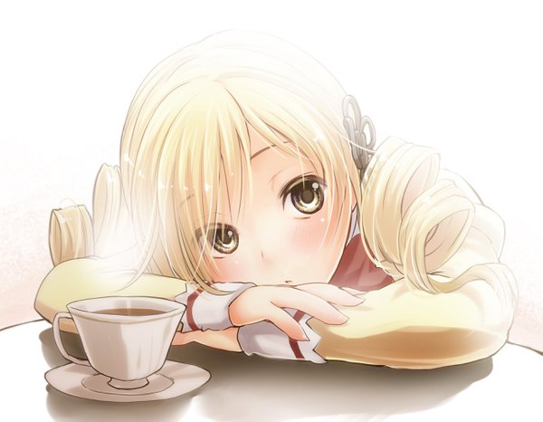 Anime picture 2590x2014 with mahou shoujo madoka magica shaft (studio) tomoe mami yukiu con single long hair looking at viewer highres simple background blonde hair twintails yellow eyes drill hair portrait face reclining girl uniform school uniform cup