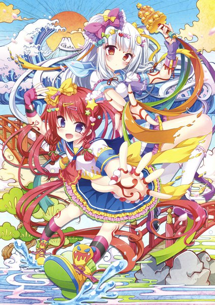 Anime-Bild 2117x3000 mit original eshi 100-nin ten kanagawa okinami ura mohumohu-san tall image looking at viewer blush fringe highres open mouth blue eyes red eyes twintails multiple girls holding cloud (clouds) full body bent knee (knees) white hair red hair