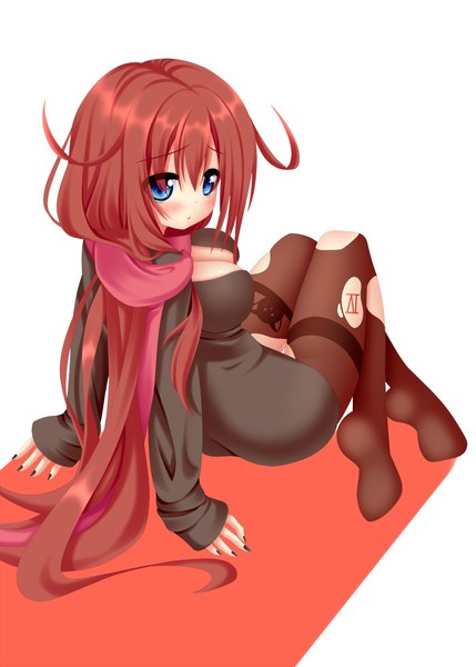Anime picture 1072x1500 with original yoye (pastel white) single long hair tall image blush breasts blue eyes light erotic red hair looking back torn pantyhose girl pantyhose scarf