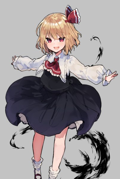 Anime picture 917x1365 with touhou rumia ikeuchi tanuma single tall image fringe short hair open mouth simple background blonde hair red eyes :d grey background spread arms girl ribbon (ribbons) hair ribbon socks white socks ascot