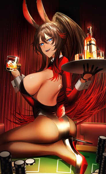 Anime picture 3520x5736 with original akqne single long hair tall image looking at viewer fringe highres breasts open mouth blue eyes light erotic smile hair between eyes brown hair large breasts holding animal ears payot absurdres