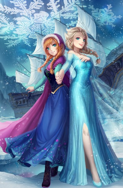 Anime-Bild 1024x1558 mit frozen (disney) disney elsa (frozen) anna (frozen) kyurin (sunnydelight) long hair tall image looking at viewer blue eyes blonde hair smile multiple girls white hair braid (braids) snowing winter interlocked fingers girl dress 2 girls