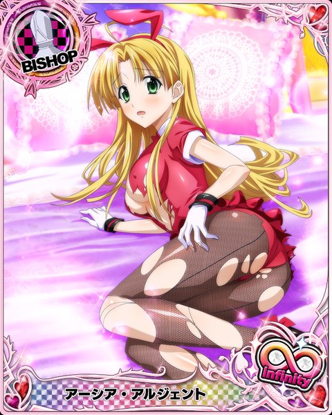 Anime picture 640x800 with highschool dxd asia argento single long hair tall image blush breasts open mouth light erotic blonde hair green eyes animal ears ass bunny ears torn clothes card (medium) torn pantyhose girl dress gloves
