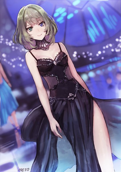 Anime picture 700x990 with idolmaster idolmaster cinderella girls takagaki kaede meto31 single tall image looking at viewer fringe short hair breasts blue eyes smile bare shoulders holding green eyes signed payot cleavage indoors green hair