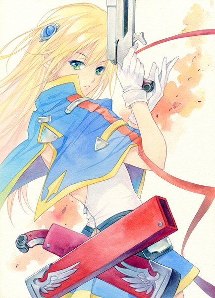 Anime picture 723x1000 with blazblue noel vermillion agahari single long hair tall image looking at viewer blonde hair green eyes alternate costume traditional media watercolor (medium) girl gloves weapon white gloves gun