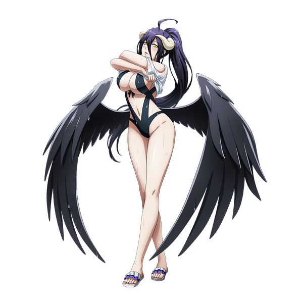 Anime-Bild 1024x1024 mit overlord (maruyama) madhouse albedo (overlord) single long hair looking at viewer fringe breasts open mouth light erotic black hair hair between eyes large breasts standing yellow eyes full body ahoge ponytail horn (horns) official art