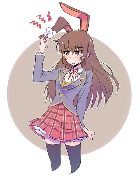 Anime picture 1736x2174 with rwby rooster teeth velvet scarlatina iesupa single long hair tall image blush fringe highres simple background hair between eyes brown hair brown eyes animal ears arm up bunny ears tears plaid skirt crying
