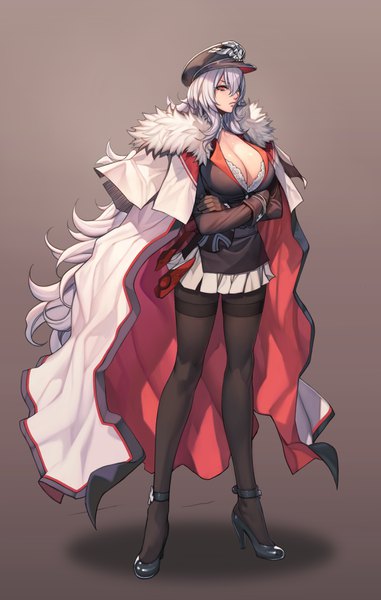 Anime picture 2338x3677 with azur lane graf zeppelin (azur lane) oda non single tall image looking at viewer fringe highres breasts light erotic simple background hair between eyes red eyes large breasts standing cleavage silver hair full body very long hair pleated skirt