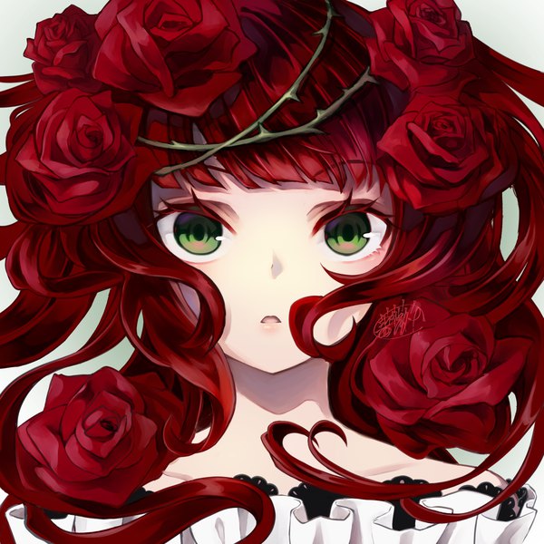 Anime picture 2500x2500 with original canned rose single long hair looking at viewer fringe highres green eyes signed upper body red hair blunt bangs girl flower (flowers) rose (roses) red rose