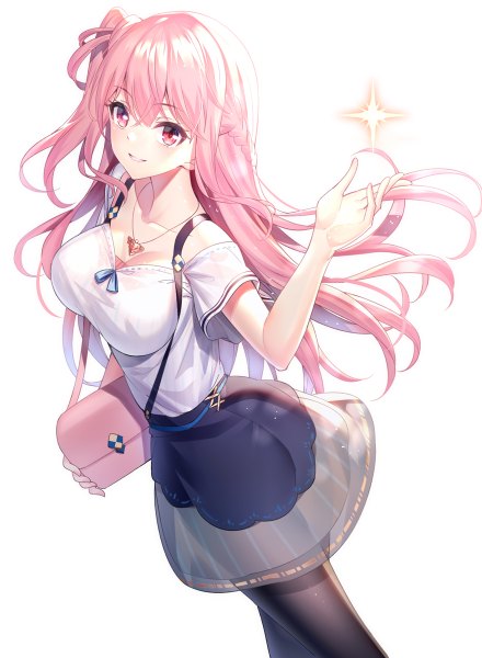 Anime-Bild 880x1200 mit original emily stock ririko (zhuoyandesailaer) single long hair tall image looking at viewer blush fringe breasts simple background smile standing white background pink hair cleavage braid (braids) parted lips pink eyes arm up