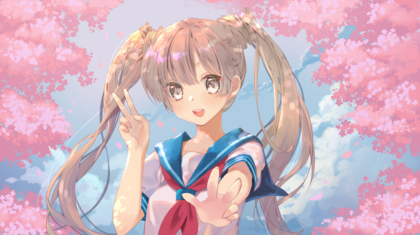 Anime picture 1280x720 with original mintchoco (orange shabette) single long hair looking at viewer blush open mouth brown hair wide image twintails brown eyes sky cloud (clouds) upper body cherry blossoms outstretched arm victory girl uniform ribbon (ribbons)