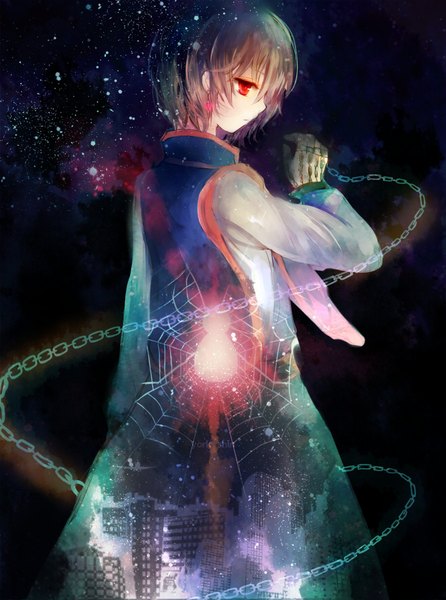 Anime picture 656x882 with hunter x hunter kurapica kazu (muchuukai) single tall image short hair red eyes brown hair standing looking away cloud (clouds) profile from behind night night sky light boy star (stars) chain spider web