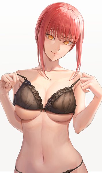 Anime-Bild 1832x3101 mit chainsaw man mappa makima (chainsaw man) ano (gccx8784) single tall image looking at viewer fringe highres short hair breasts light erotic simple background smile standing white background yellow eyes payot red hair blunt bangs