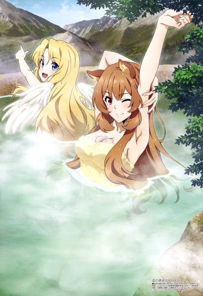 Anime picture 4071x5932 with tate no yuusha no nariagari megami magazine kinema citrus raphtalia firo (tate no yuusha no nariagari) soramotokan long hair tall image looking at viewer blush fringe highres breasts open mouth blue eyes light erotic blonde hair smile hair between eyes brown hair