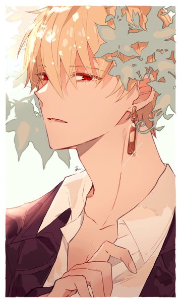 Anime picture 1238x2048 with fate (series) fate/grand order gilgamesh (fate) shu (shu690611) single tall image fringe short hair blonde hair hair between eyes red eyes signed upper body sparkle border boy earrings