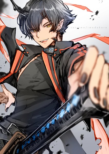 Anime picture 1417x2000 with arknights flamebringer (arknights) satoimo (3311 mi) single tall image looking at viewer short hair black hair signed yellow eyes upper body nail polish horn (horns) pointy ears open jacket black nail polish boy weapon sword jacket