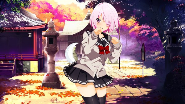 Anime picture 1920x1080 with fate (series) fate/grand order mash kyrielight shugo19 single looking at viewer fringe highres short hair smile wide image standing purple eyes pink hair outdoors tail animal tail hair over one eye paw pose girl