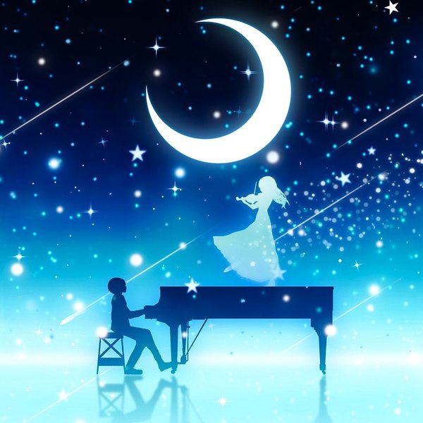 Anime picture 999x999 with shigatsu wa kimi no uso a-1 pictures miyazono kaori arima kousei harada miyuki long hair short hair standing sitting holding bent knee (knees) profile standing on one leg crescent silhouette playing instrument shooting star girl dress boy