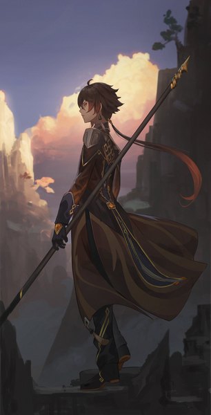 Anime picture 2315x4544 with genshin impact zhongli (genshin impact) dejio single long hair tall image highres brown hair standing sky cloud (clouds) full body ahoge outdoors low ponytail boy gloves weapon earrings black gloves