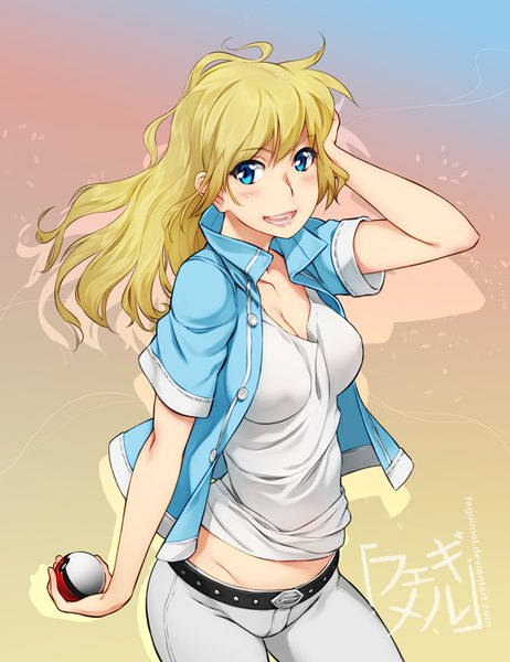 Anime picture 693x900 with pokemon original nintendo feguimel single long hair tall image blush breasts blue eyes blonde hair smile girl belt t-shirt pokeball